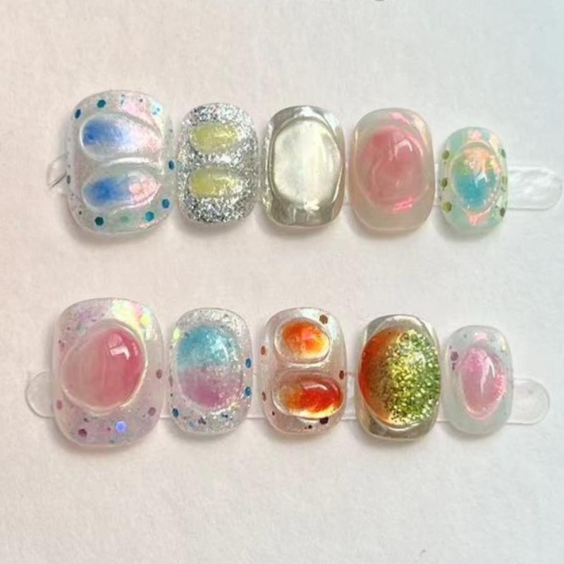 Nail Art Glossy - 10 قطعة لطيف قصير مستدير اليدوية